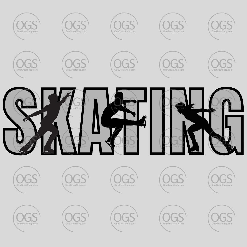 Silhouette of male skater with the word 'SKATING' with gray and black font.