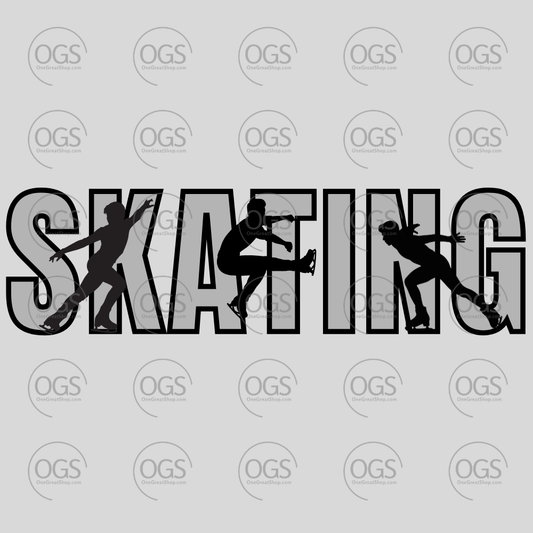 Silhouette of male skater with the word 'SKATING' with gray and black font.