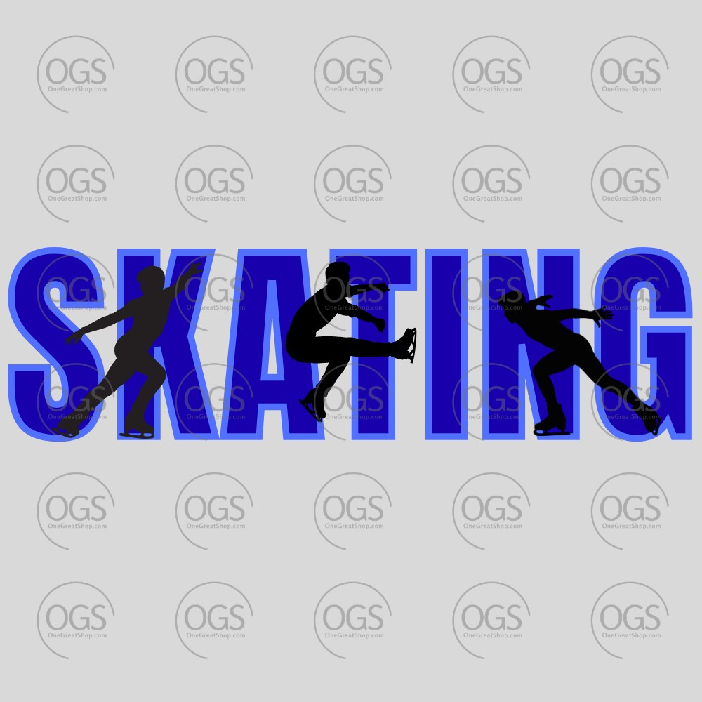Blue 'SKATING' text with black silhouette figure skaters.