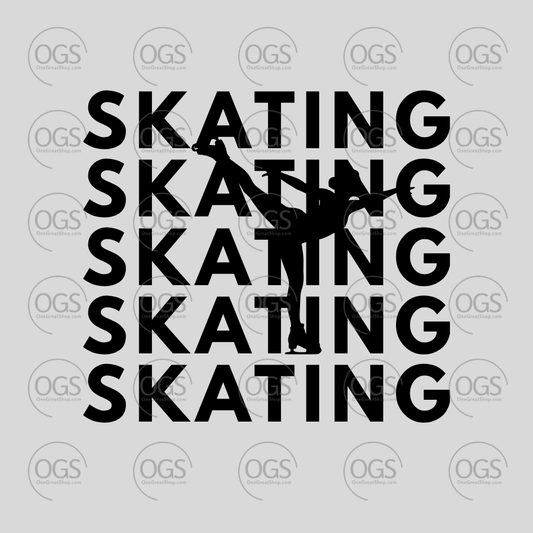 Repetitive text of 'SKATING' with a silhouette of a skater in black font.