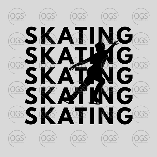 Black silhouette of a male skater surrounded by the word 'SKATING'.
