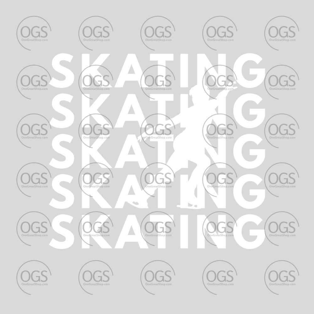 White silhouette of a male skater surrounded by the word 'SKATING'.