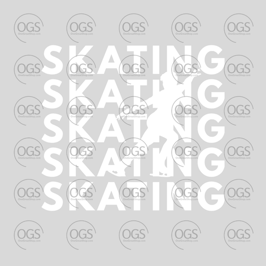White silhouette of a male skater surrounded by the word 'SKATING'.