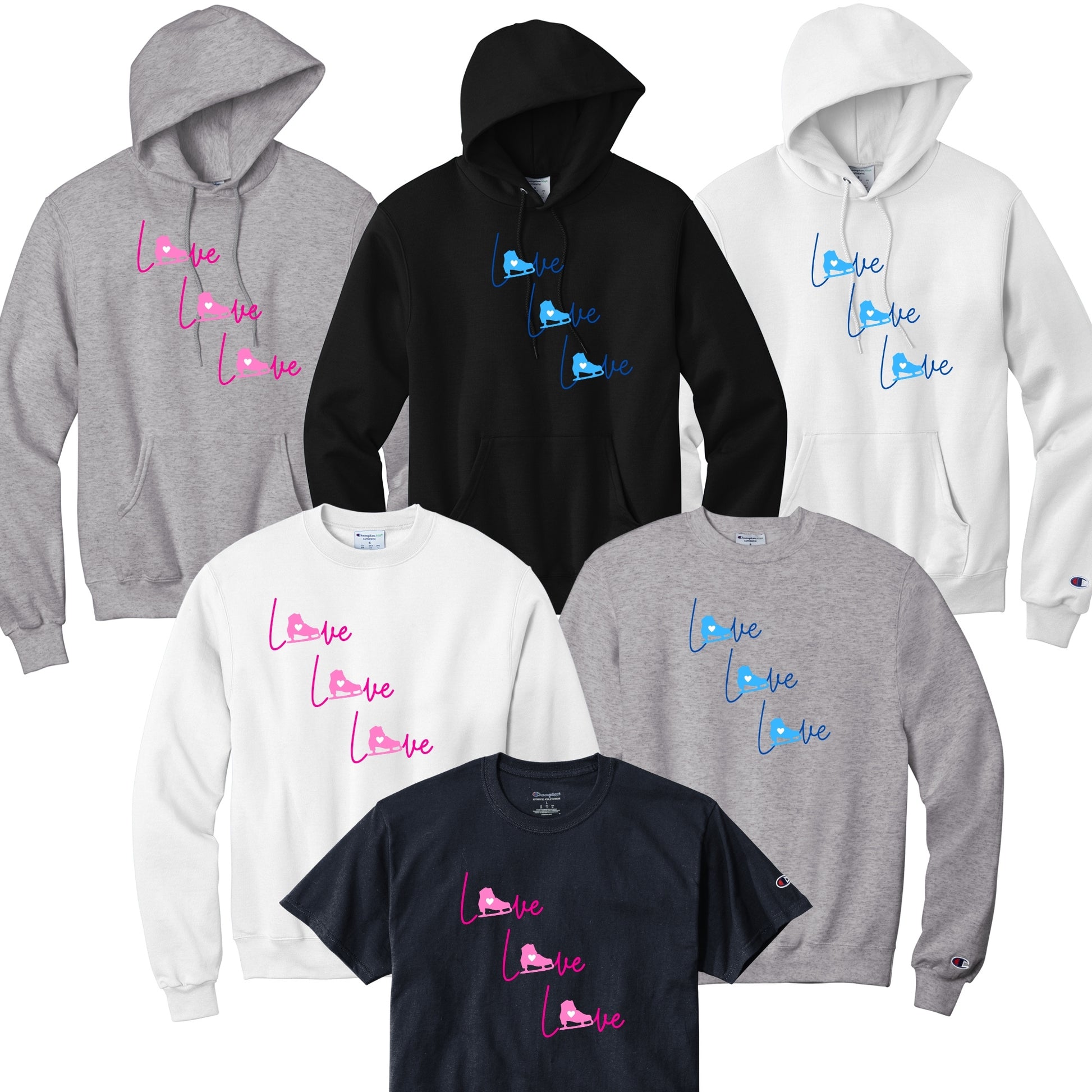 Synchronized Skating Design Love Love Love in Pink or Blue in your choice of hoodie, sweatshirt, or tee.