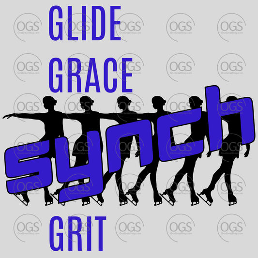 Synchro Design Glide, Grace, Synch, Grit in blue with black font.