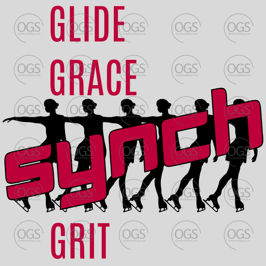 Synchro Design Glide, Grace, Synch, Grit in red with black font.
