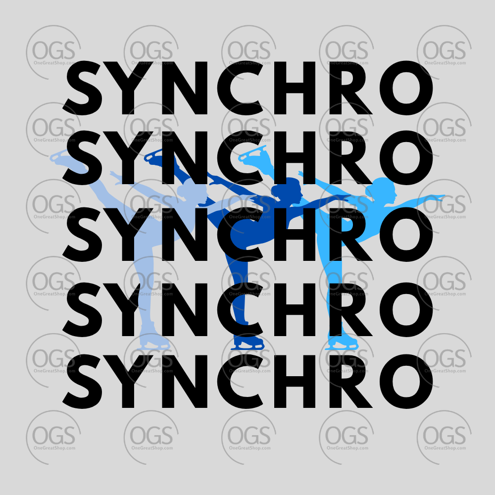 Synchro Design Synchro words Repeated with blue skaters and black font.