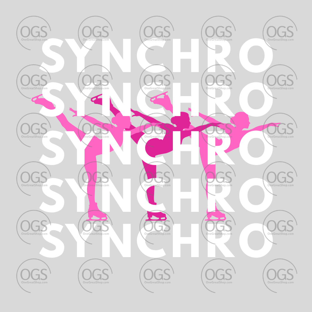 Synchro Design Synchro words Repeated with pink skaters and white font.