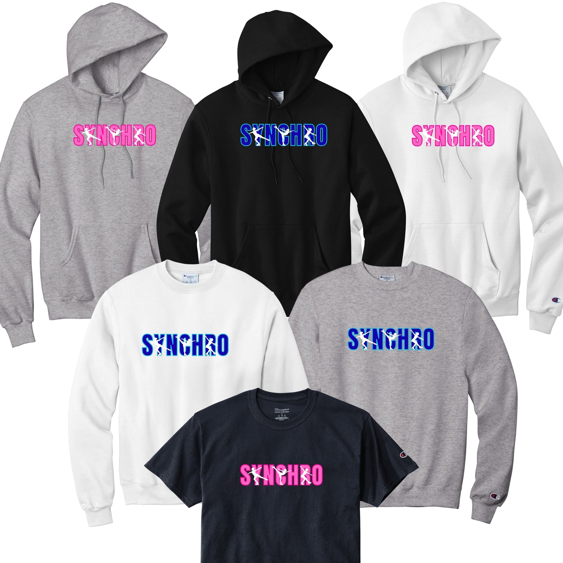 Synchronized Skating Design Synchro Word with Female Elements in Blue or Pink in your choice of hoodie, sweatshirt, or tee.