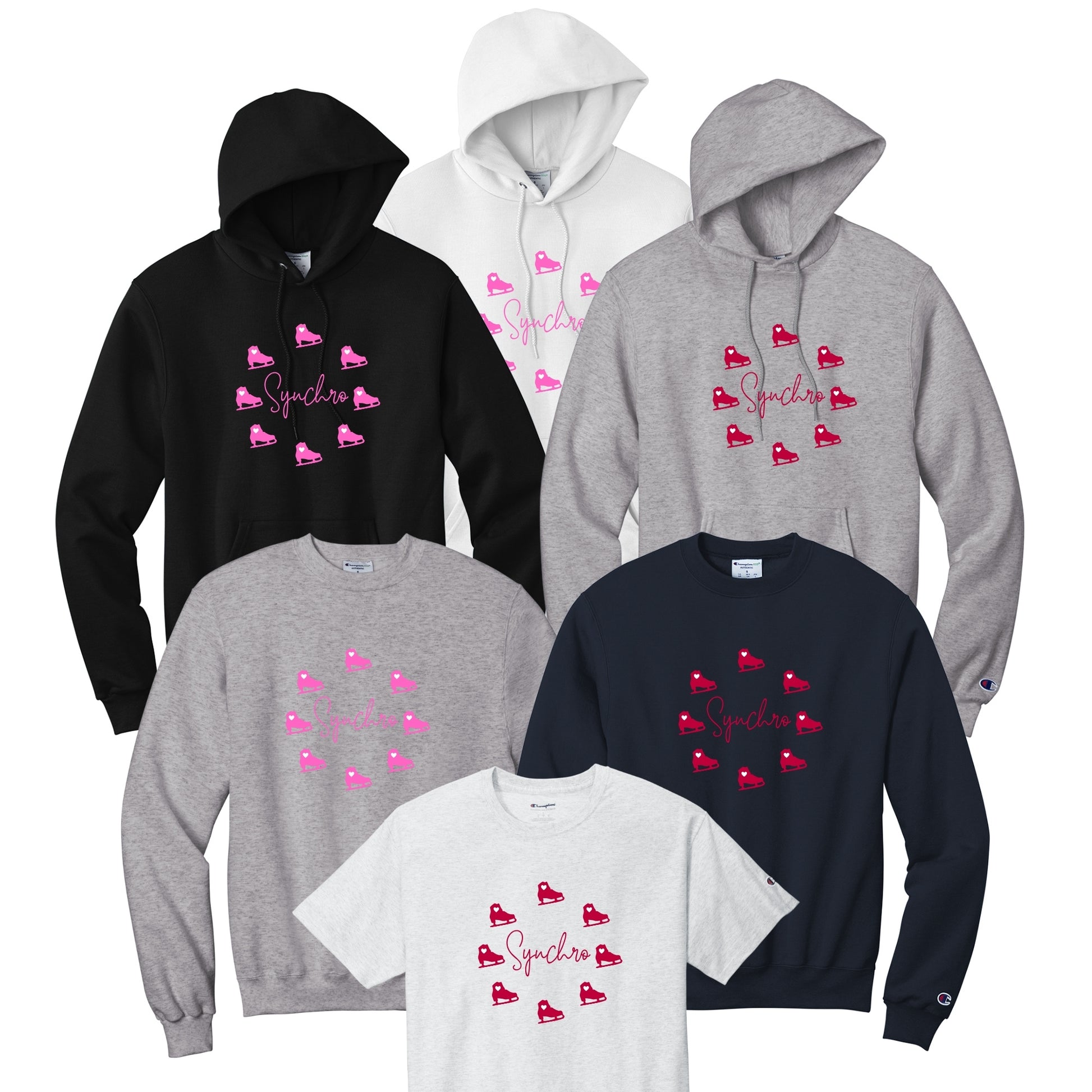 Collection of hoodies and sweatshirts with Synchronized Skating Design Boots in a Wheel in Red or Pink.