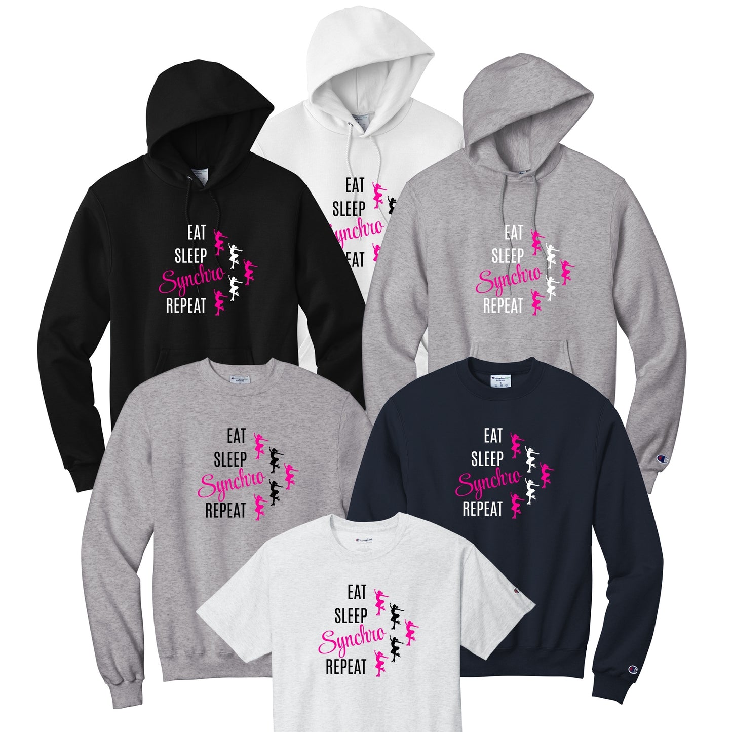 Synchro Design Eat, Sleep, Synchro, Repeat Blue Twizzles in black or white font and your choice of hoodie, sweatshirt, or tee.