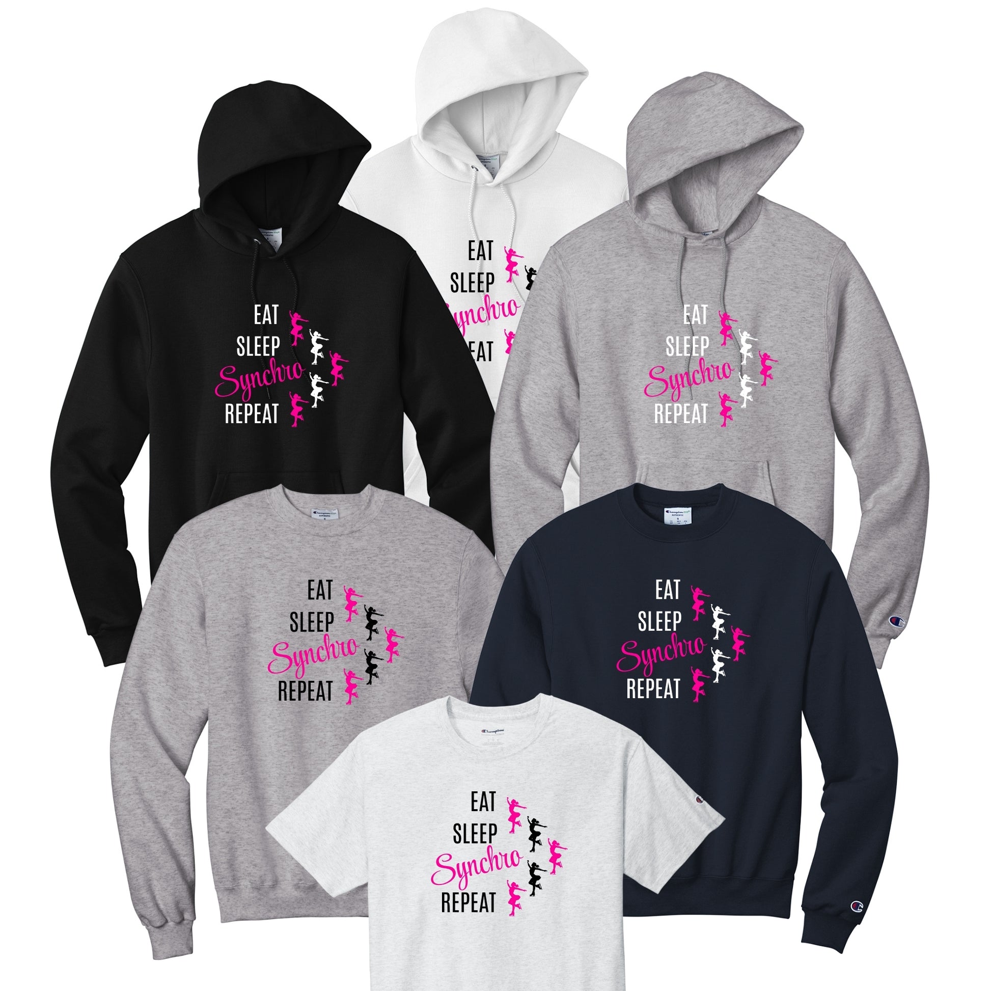 Synchro Design Eat, Sleep, Synchro, Repeat Blue Twizzles in black or white font and your choice of hoodie, sweatshirt, or tee.
