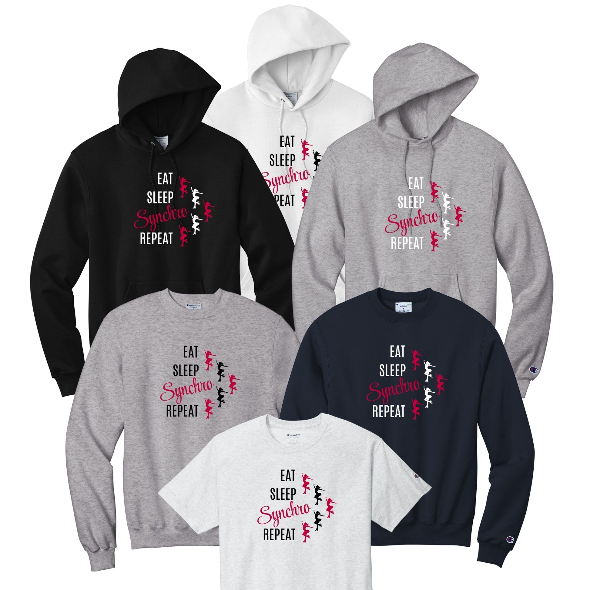 Synchro Design Eat, Sleep, Synchro, Repeat Red Twizzles in black or white font and your choice of hoodie, sweatshirt, or tee.