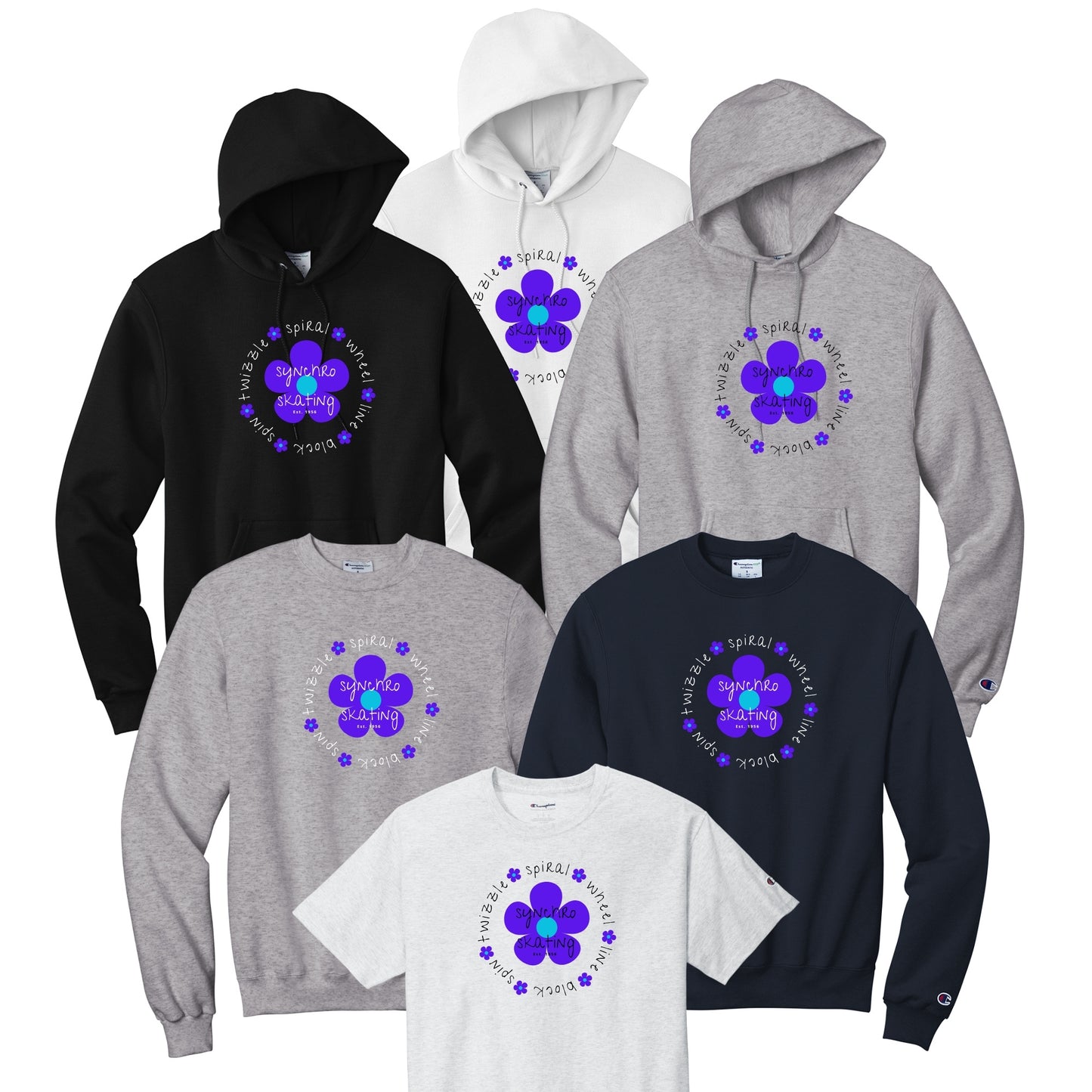 Synchro Design Synchro Elements with azure flower and black or white font in your choice of hoodie, sweatshirt, or tee.