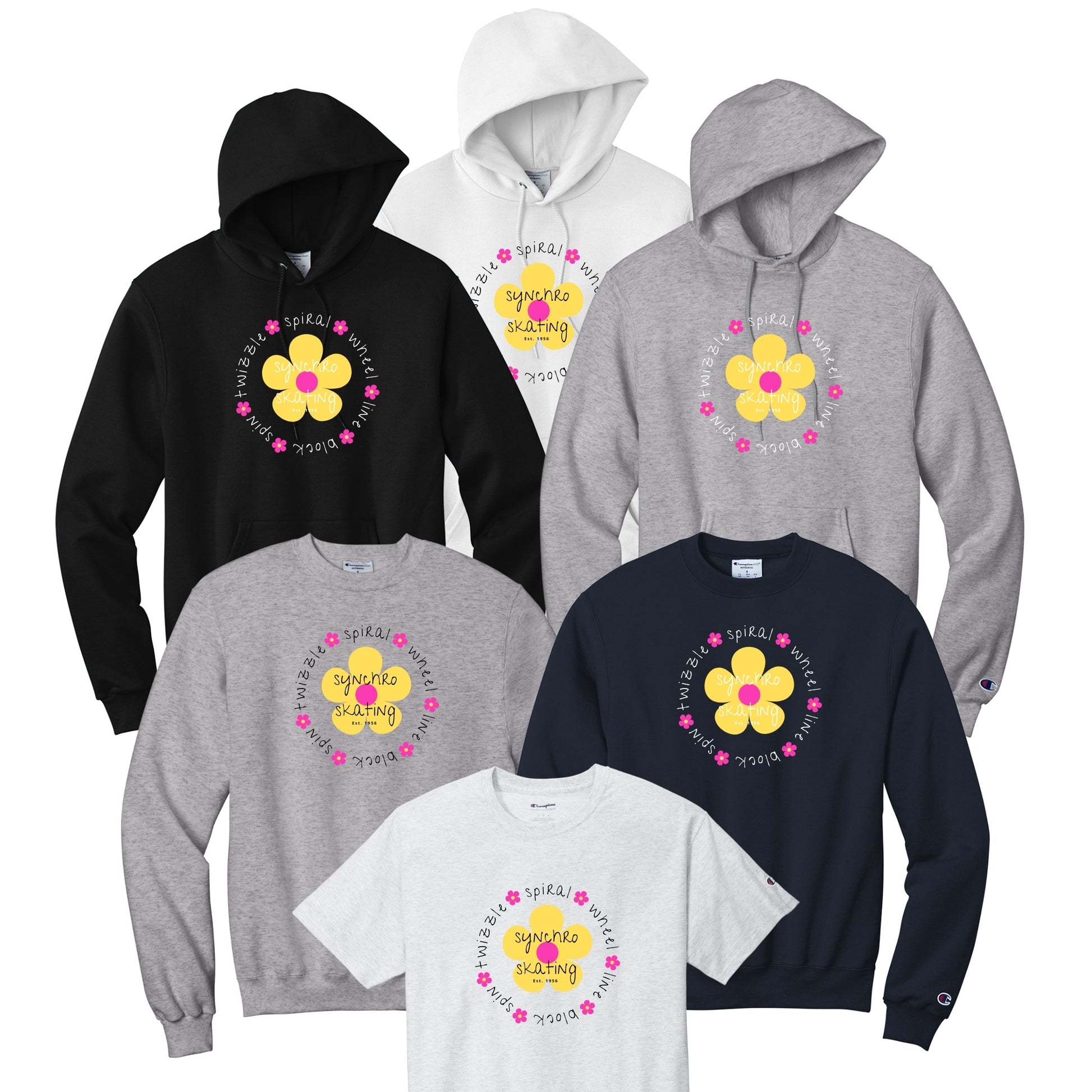 Synchro Design Synchro Elements with yellow flower and black or white font and your choice of hoodie, sweatshirt, or tee.