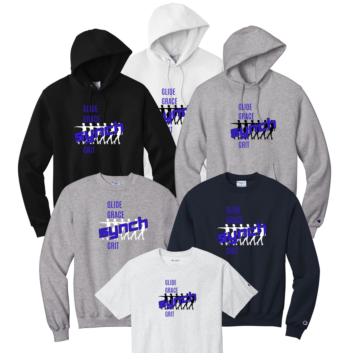 Synchro Design Glide, Grace, Synch, Grit in blue with black or white font in your choice of hoodie, sweatshirt, or tee.