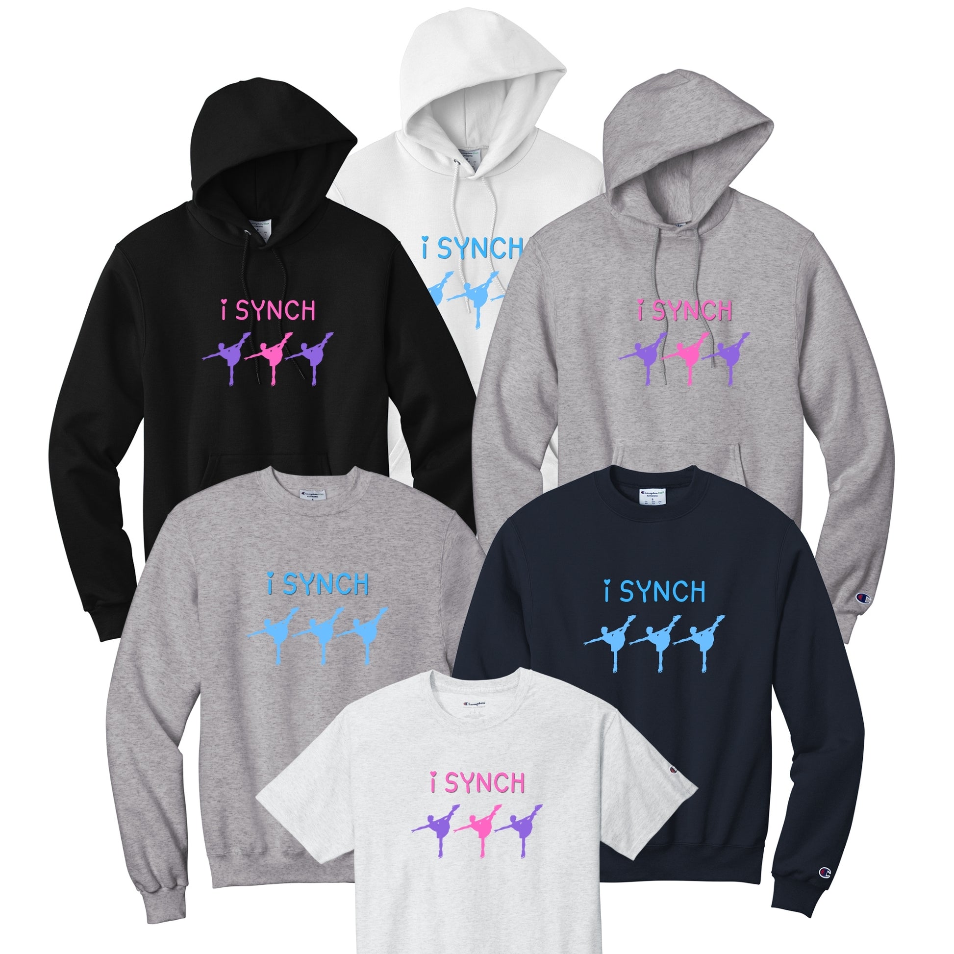Synchro Skating Design i SYNCH in pink or blue on your choice of apparel.