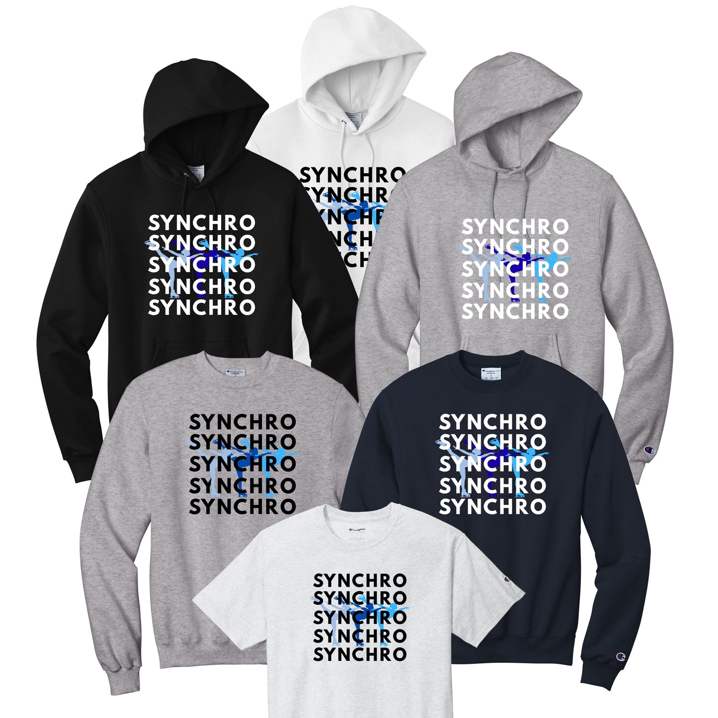 Synchro Design Synchro words Repeated with blue skaters and black  or white font in your choice of hoodie, sweatshirt, or tee.