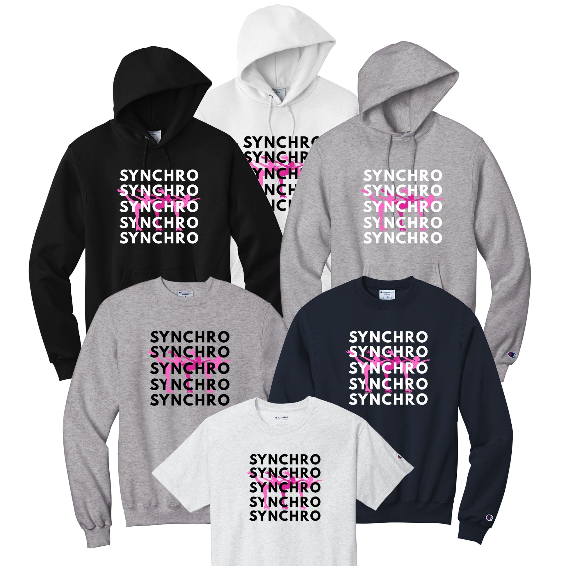 Synchro Design Synchro words Repeated with pink skaters and black or white font and your choice of hoodie, sweatshirt, or tee.
