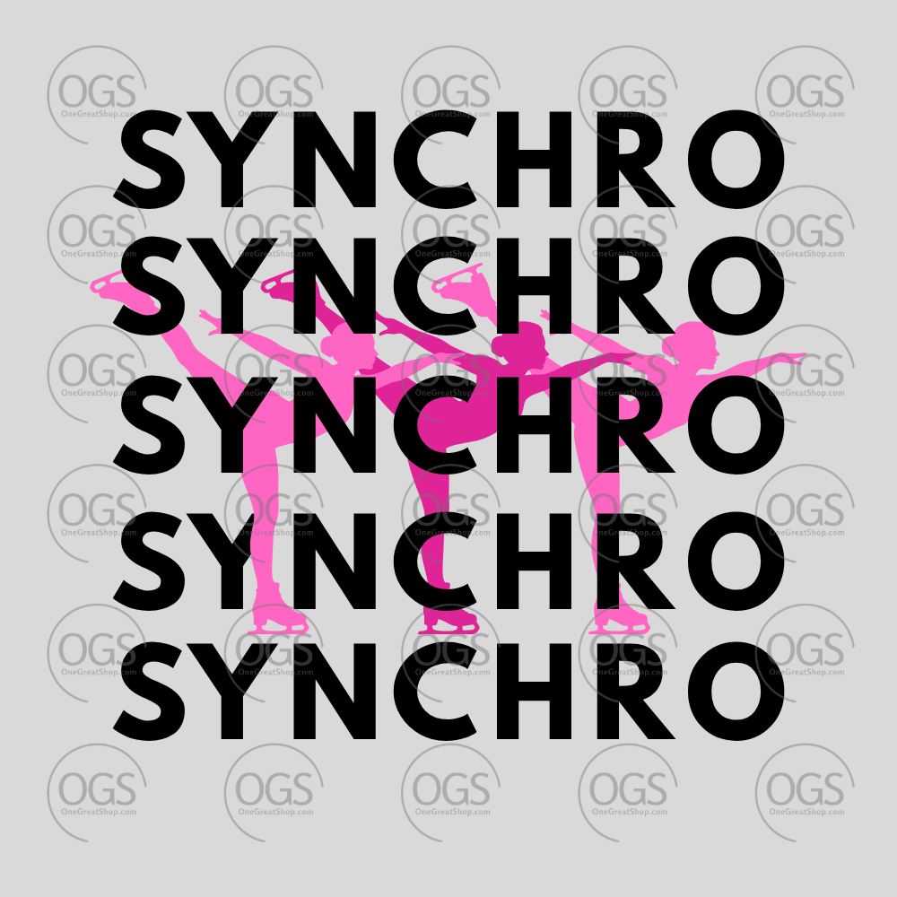 Synchro Design Synchro words Repeated with pink skaters and black font.