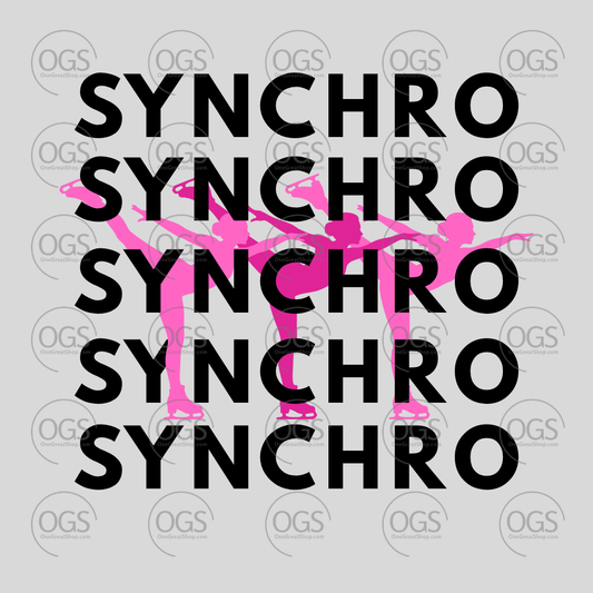 Synchro Design Synchro words Repeated with pink skaters and black font.