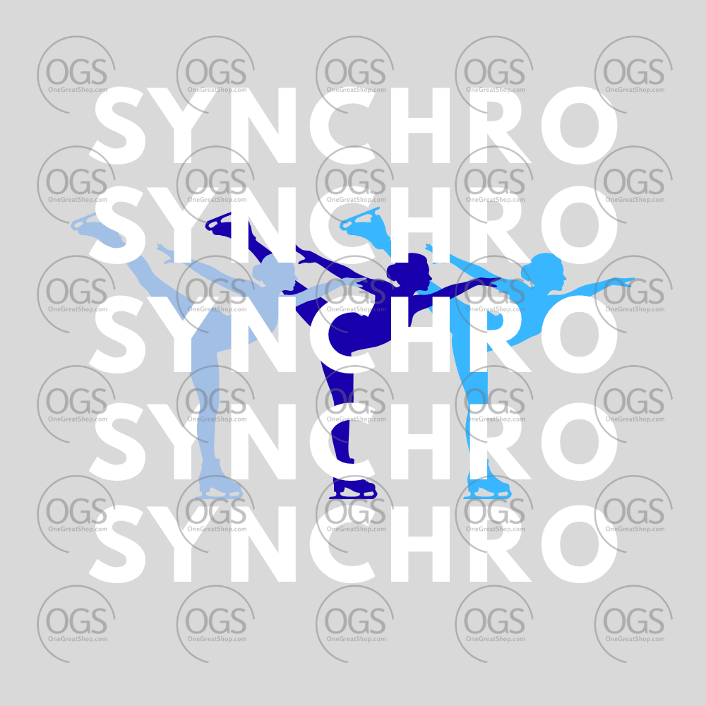 Synchro Design Synchro words Repeated with blue skaters and white font.