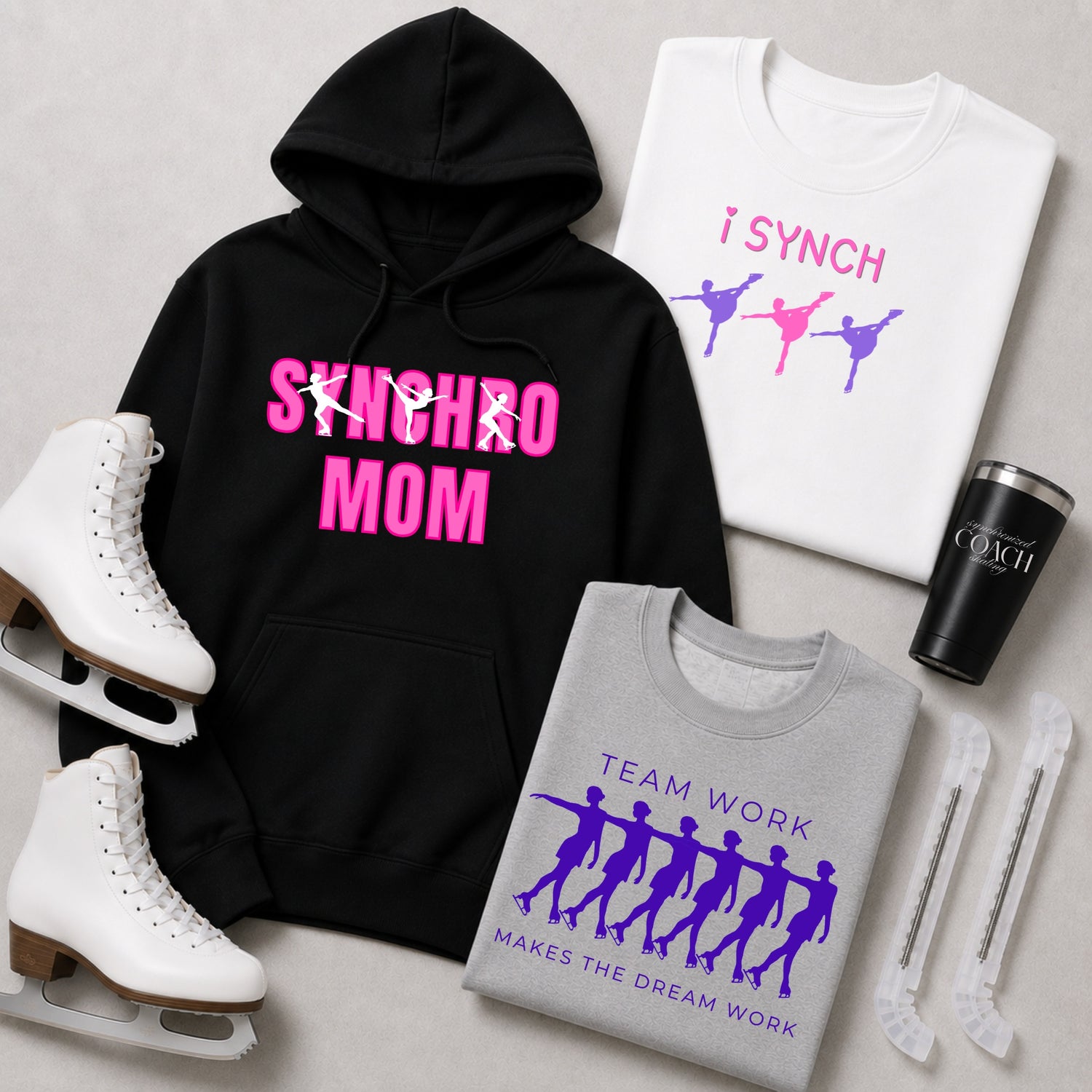 collection of synchronized skating designs on tops including hoodies, tees, and more.