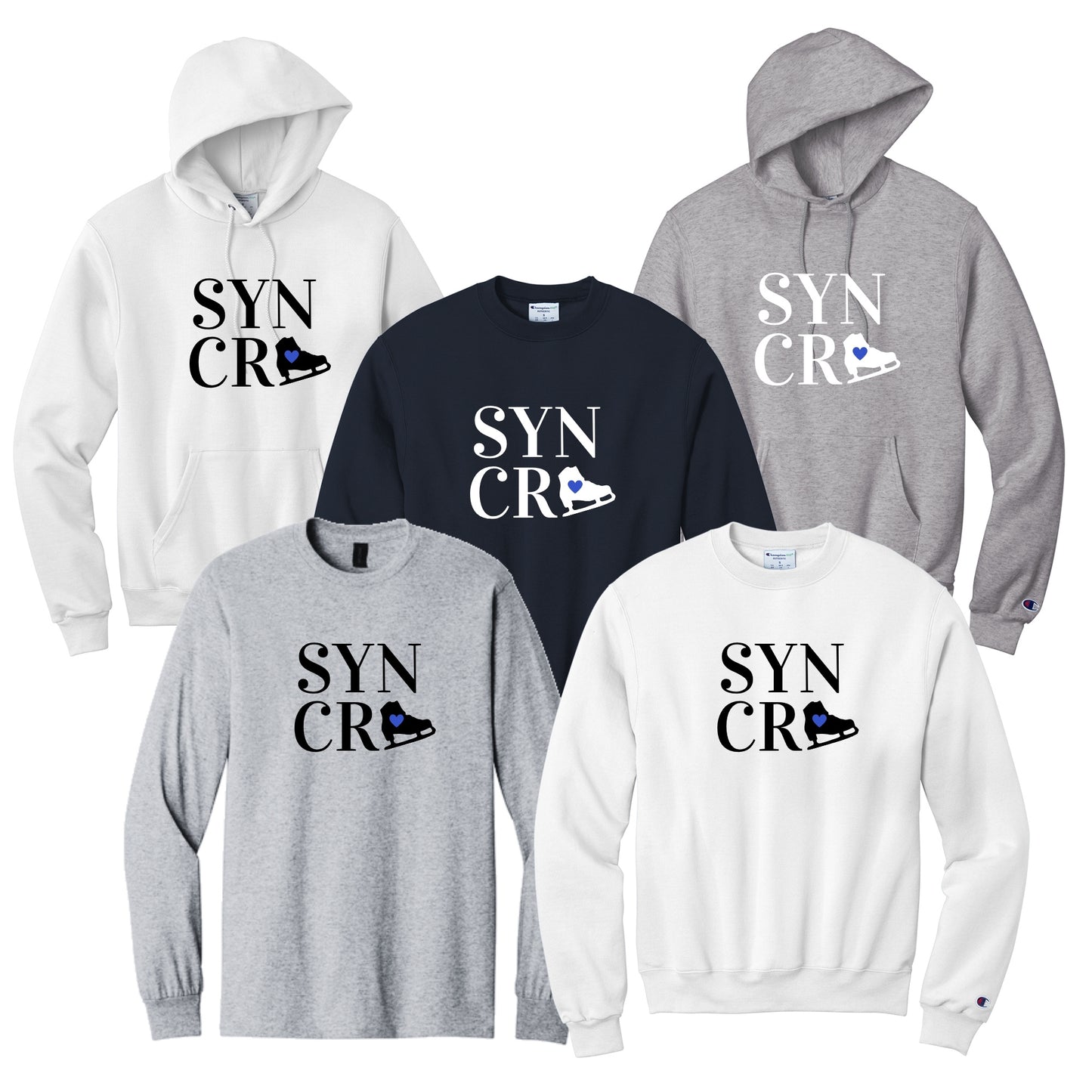 Synchro Skating Design Synchro Square Blue Heart in black or white font with your choice of apparel.