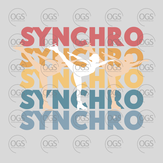 Synchro Design Synchro words Repeated with colorful skaters in pale colors.