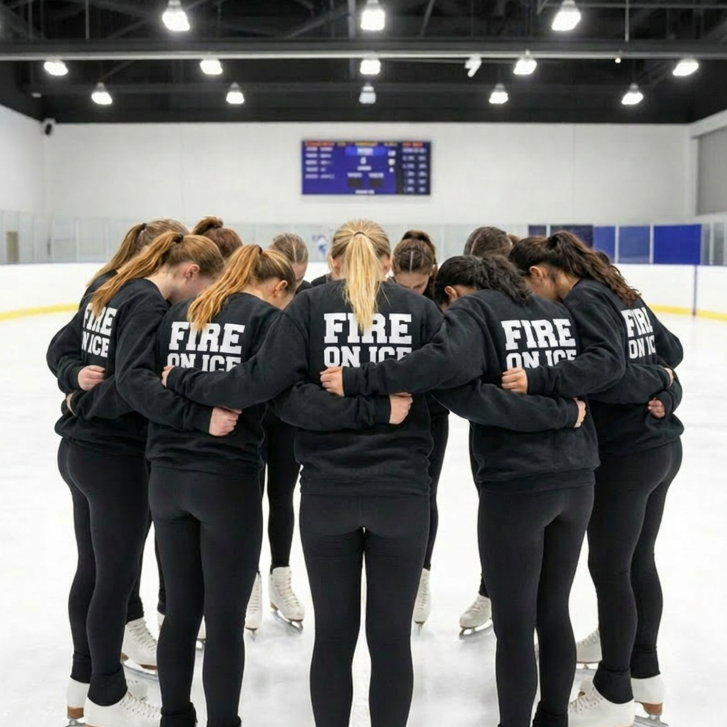 Synchronized skating team huddling wearing custom designed crewneck sweatshirts for warm up practice on the ice.