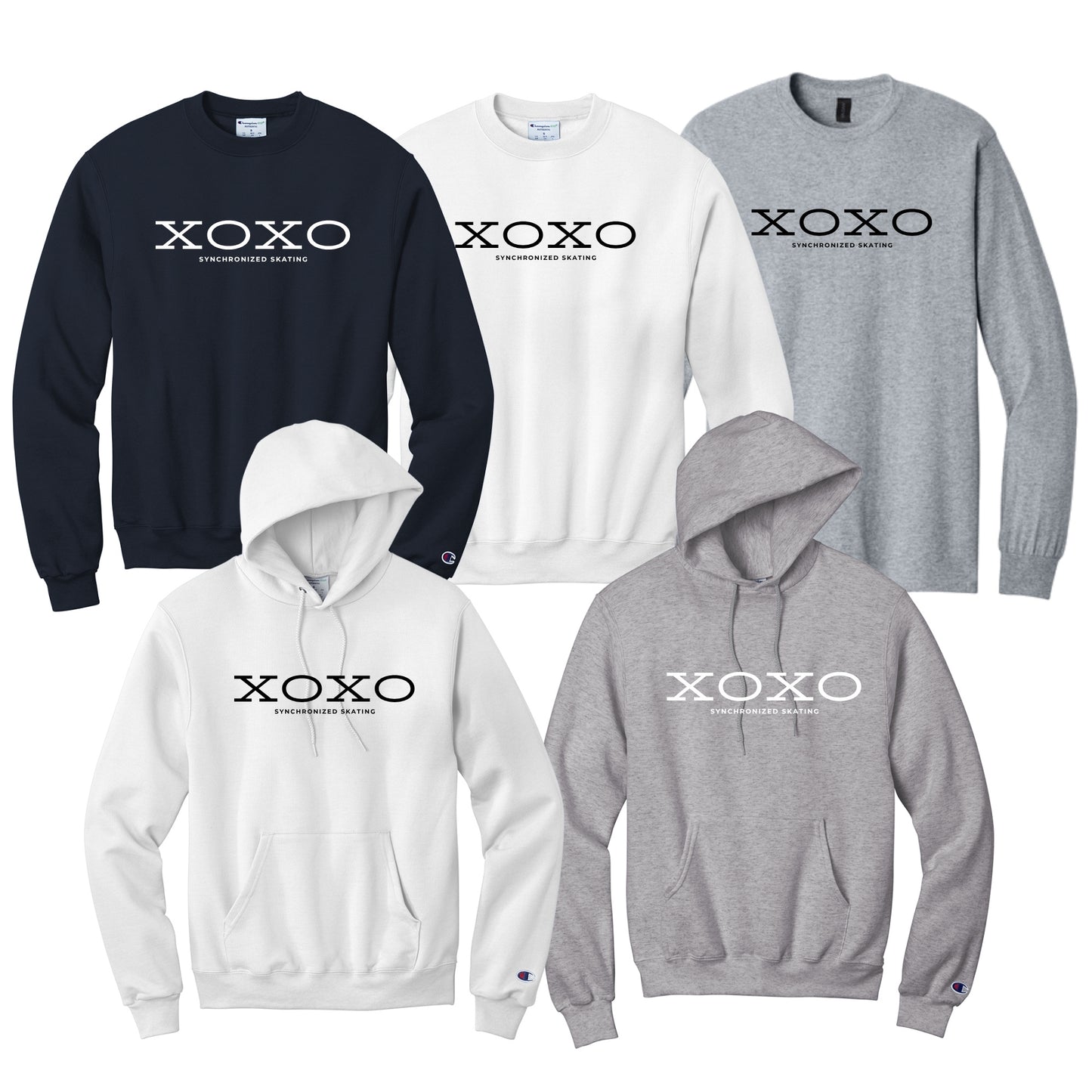 Synchro Skating Design XOXO Synchronized Skating in black or white font on your choice of hoodie, sweatshirt, or tee.