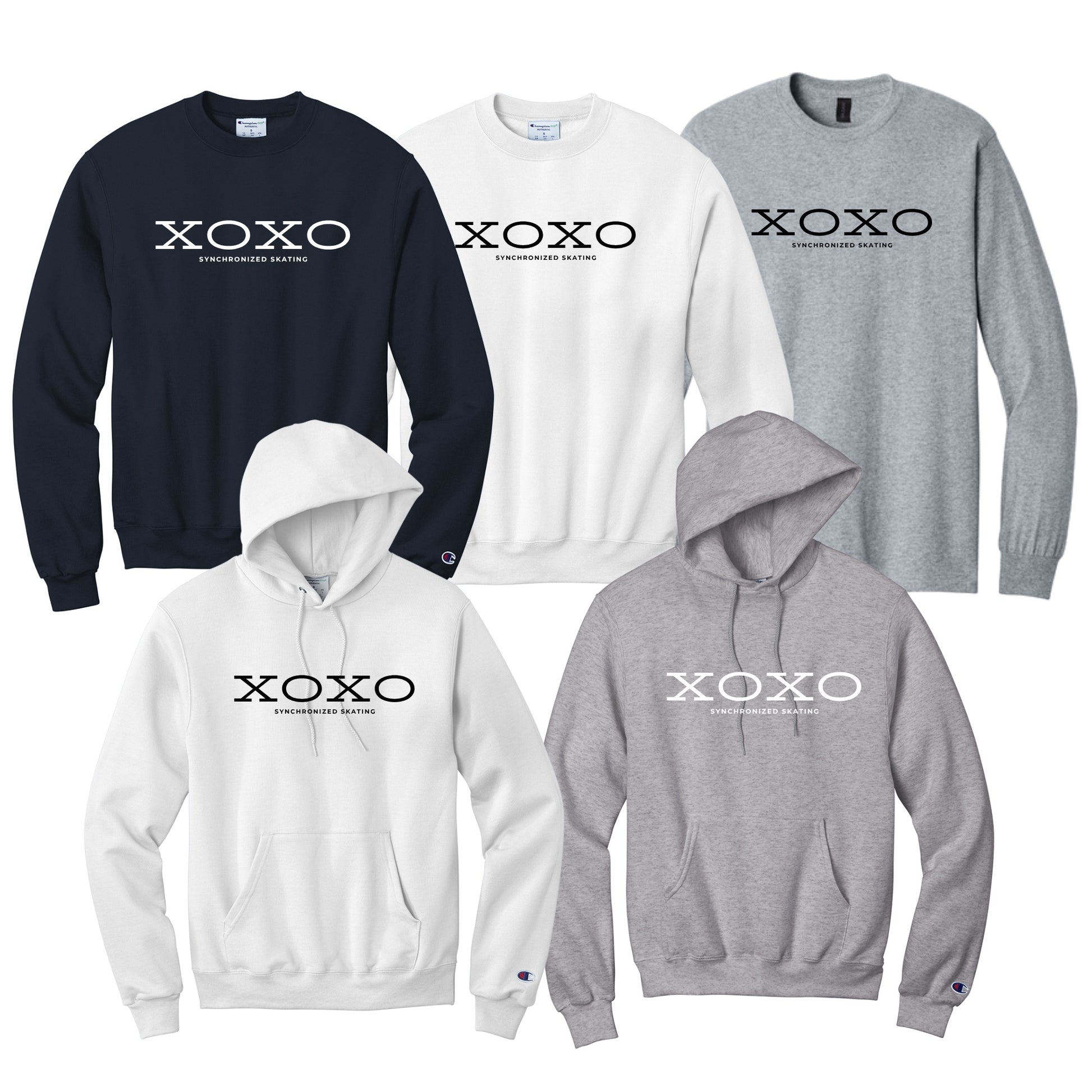 Synchro Skating Design XOXO Synchronized Skating in black or white font on your choice of hoodie, sweatshirt, or tee.