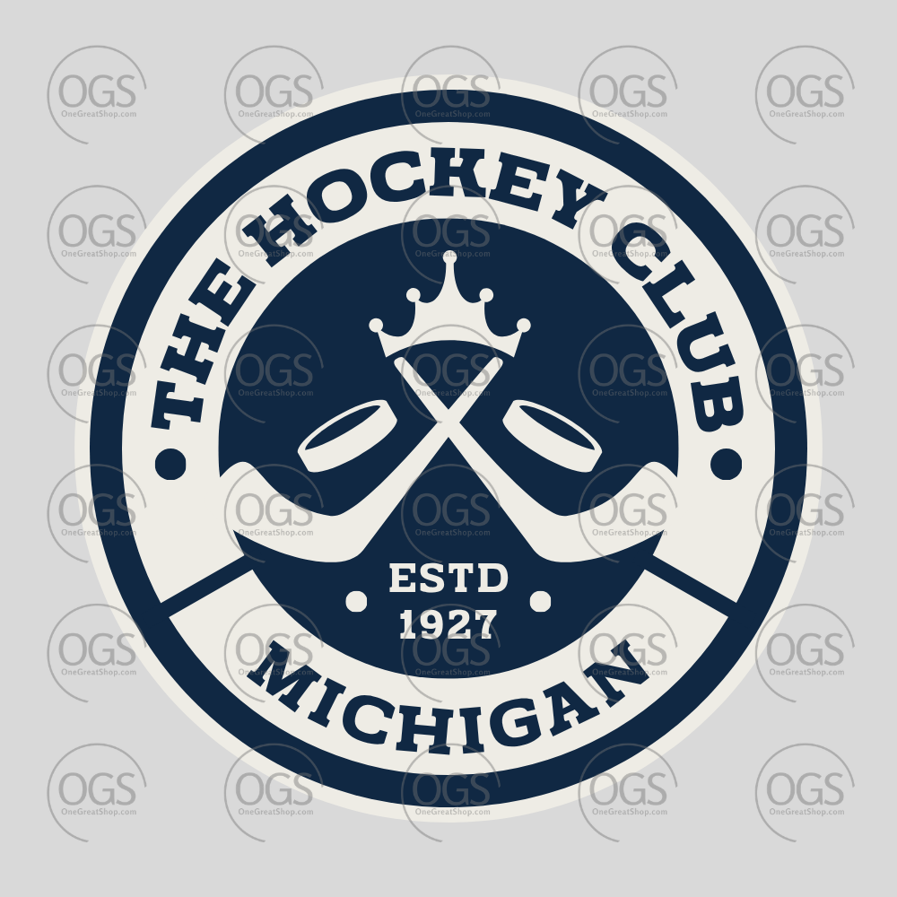 Logo of The Hockey Club Michigan with crossed sticks and a crown on a gray background.