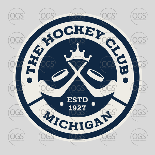 Design of The Hockey Club Michigan with crossed sticks and a crown for custom apparel.