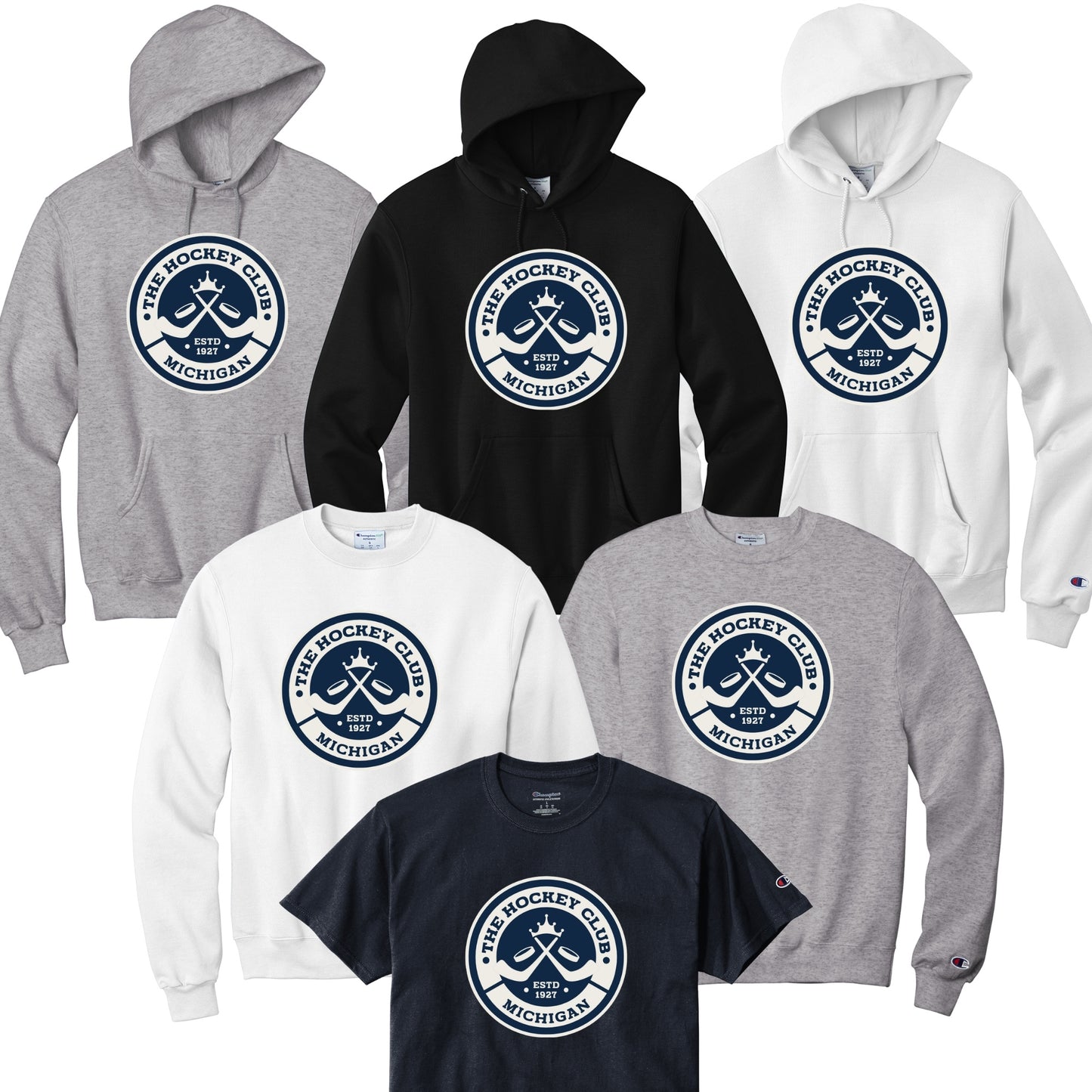 Collection of hoodies and t-shirts with 'The Hockey Club Michigan' logo.