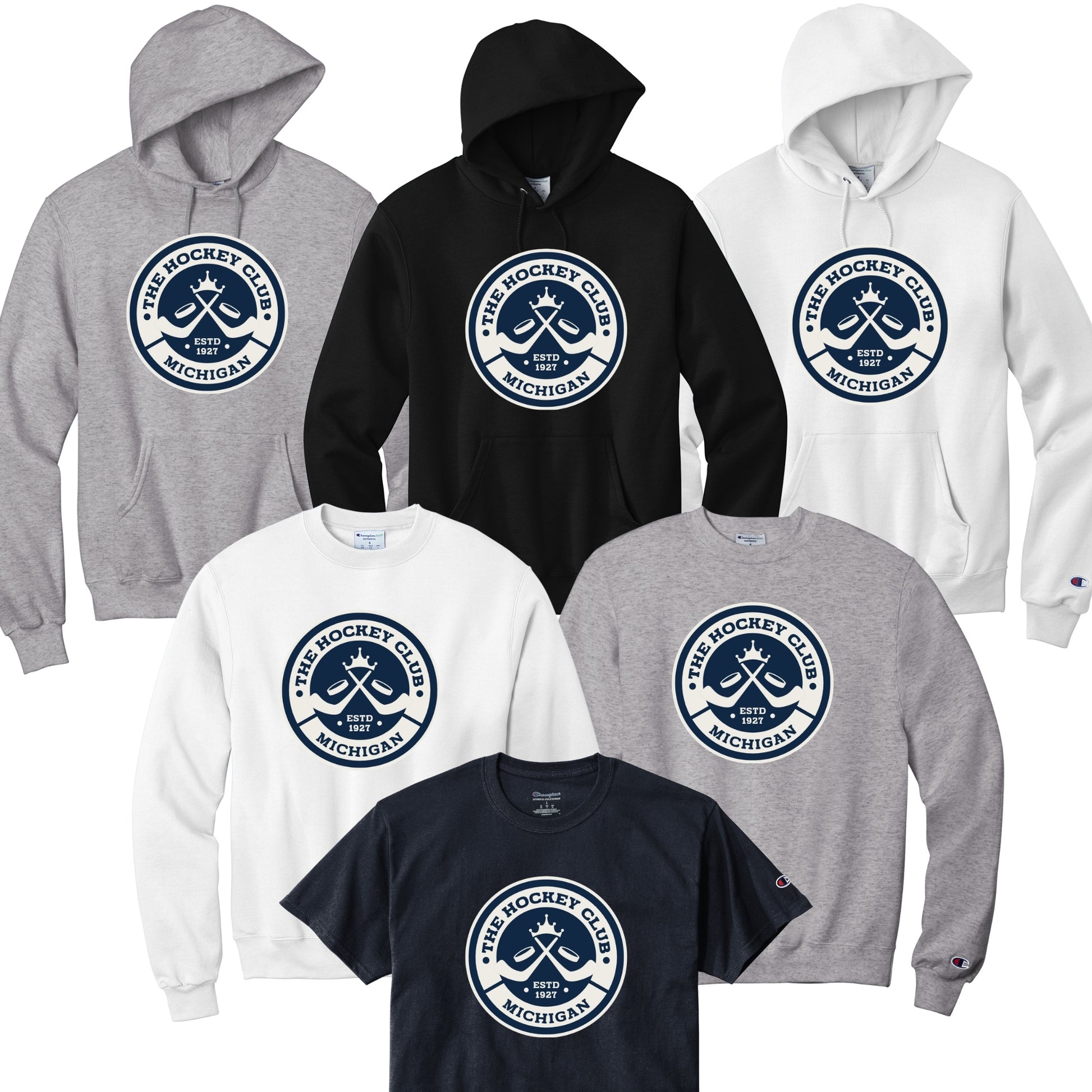 Collection of hoodies and t-shirts with 'The Hockey Club Michigan' logo.