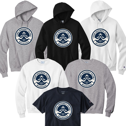 Collection of hoodies and t-shirts with 'The Hockey Club Michigan' logo.