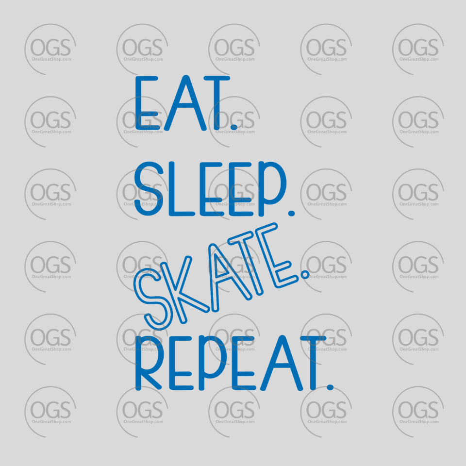 Motivational quote 'Eat. Sleep. Skate. Repeat.' in blue text on a gray background with 'OGS' branding.