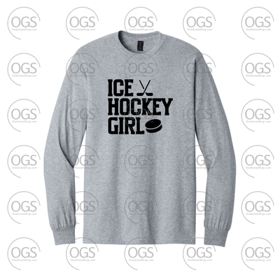 Gray sweatshirt with 'Ice Hockey Girl' text on a white background