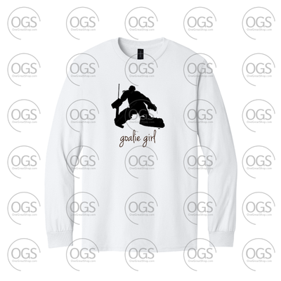White long-sleeve shirt with graphic design and text on a white background