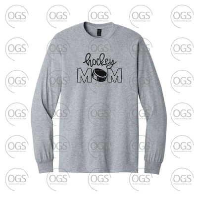 Gray sweatshirt with 'Hockey Mom' text and graphic on a white background