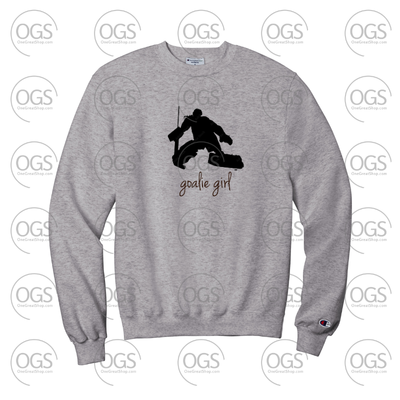 Gray sweatshirt with a graphic design and text on a white background