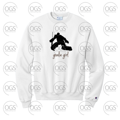 White sweatshirt with a graphic of a girl playing soccer and the text 'girlie girl' on a white background.
