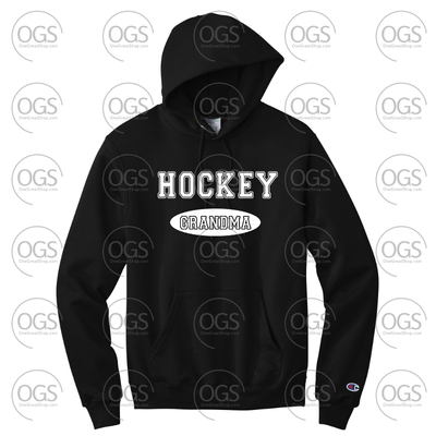 Black hoodie with 'Hockey Grandma' text on a white background