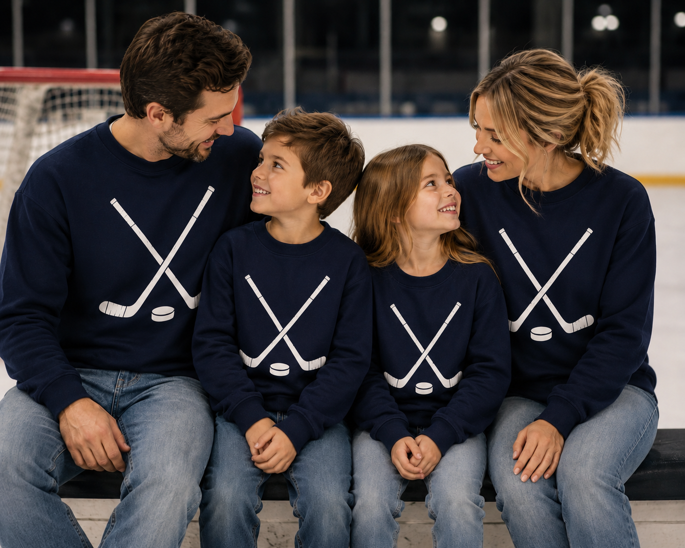 Family of four wearing matching navy blue sweaters with hockey-themed designs on an ice rink.
