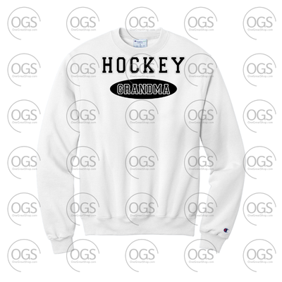 White sweatshirt with 'Hockey Grandma' text on a white background