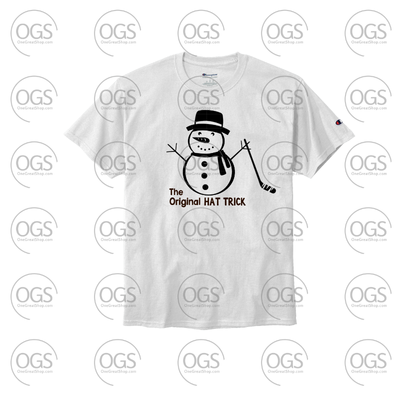 White t-shirt with a snowman graphic and text on a white background with 'OGS' branding.