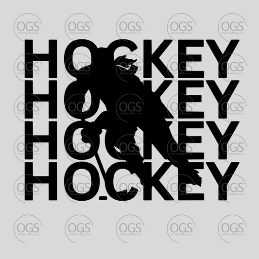 Hockey word repeated with female hockey player silhouette in black font.