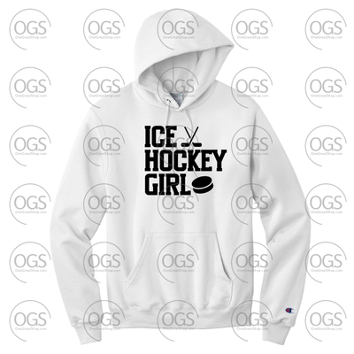 White hoodie with 'Ice Hockey Girl' text on a white background
