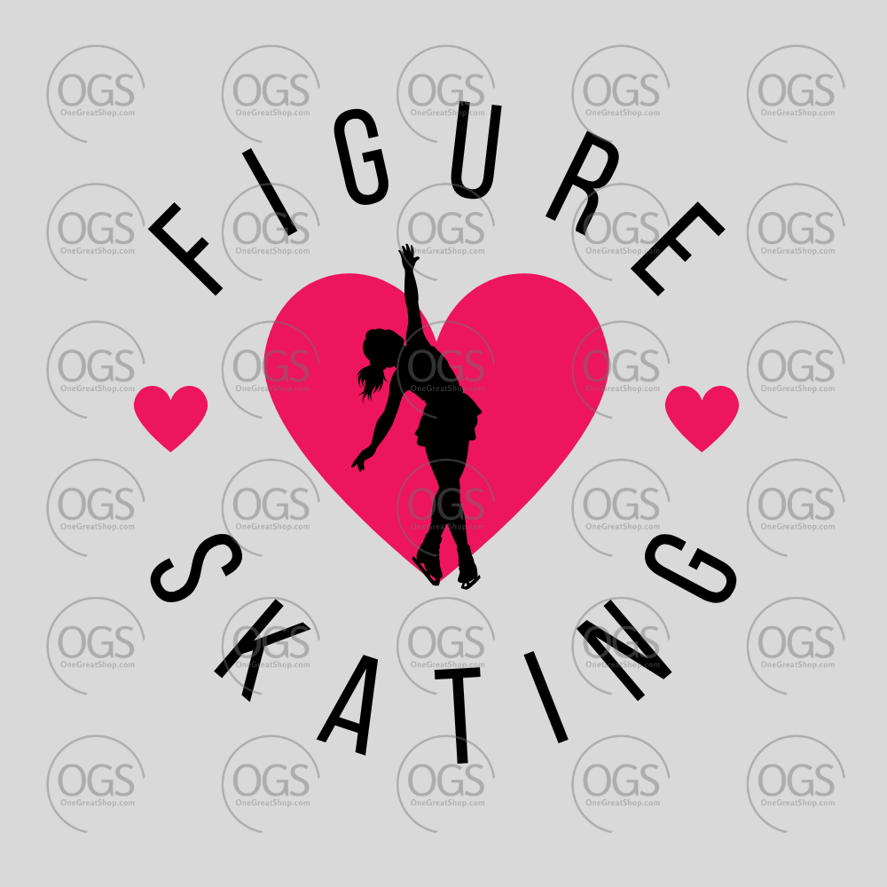 Figure skating design with a silhouette of a skater in front of a heart.